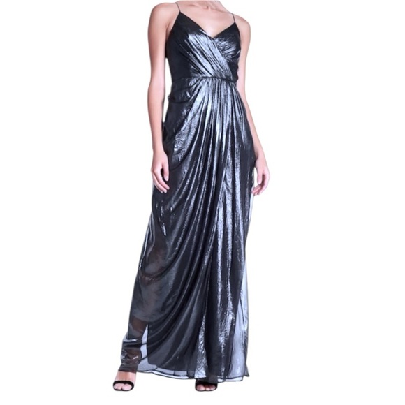 $368 Vera Wang Drapey Metallic Gown 10 Medium Black Silver Evening Dress Formal - Picture 5 of 11